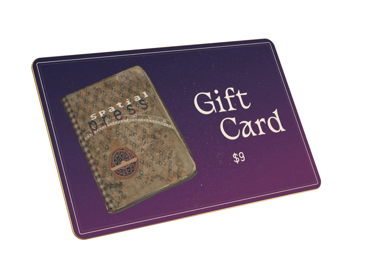 Spatial Press $9 gift card, approved oblique gold-edge model. HYG Database by David Nash, CC BY-SA 4.0; projected by Spatial Press.